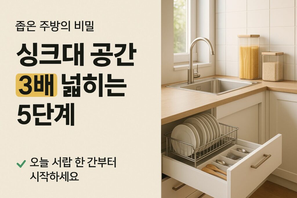 투명 용기와 디시랙으로 깔끔하게 정리된 밝은 주방 서랍과 선반