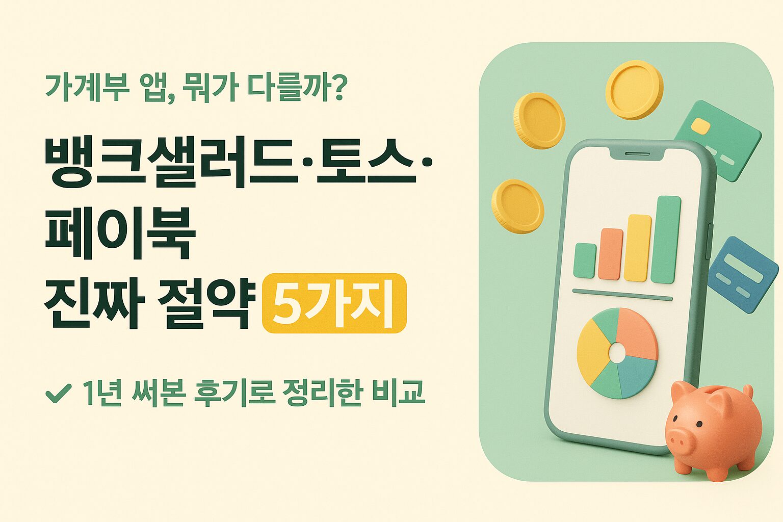 스마트폰 화면에 가계부 차트가 표시되고 동전과 카드가 주변에 떠 있는 일러스트