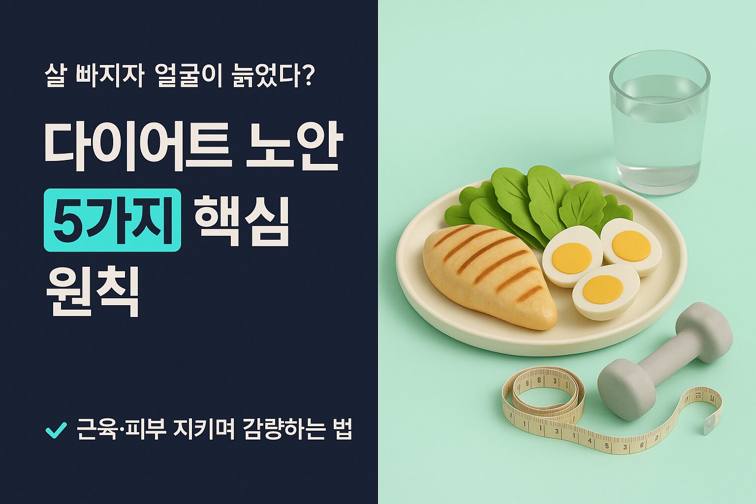 균형 잡힌 단백질 식단과 작은 덤벨, 줄자가 놓인 건강한 다이어트 식탁