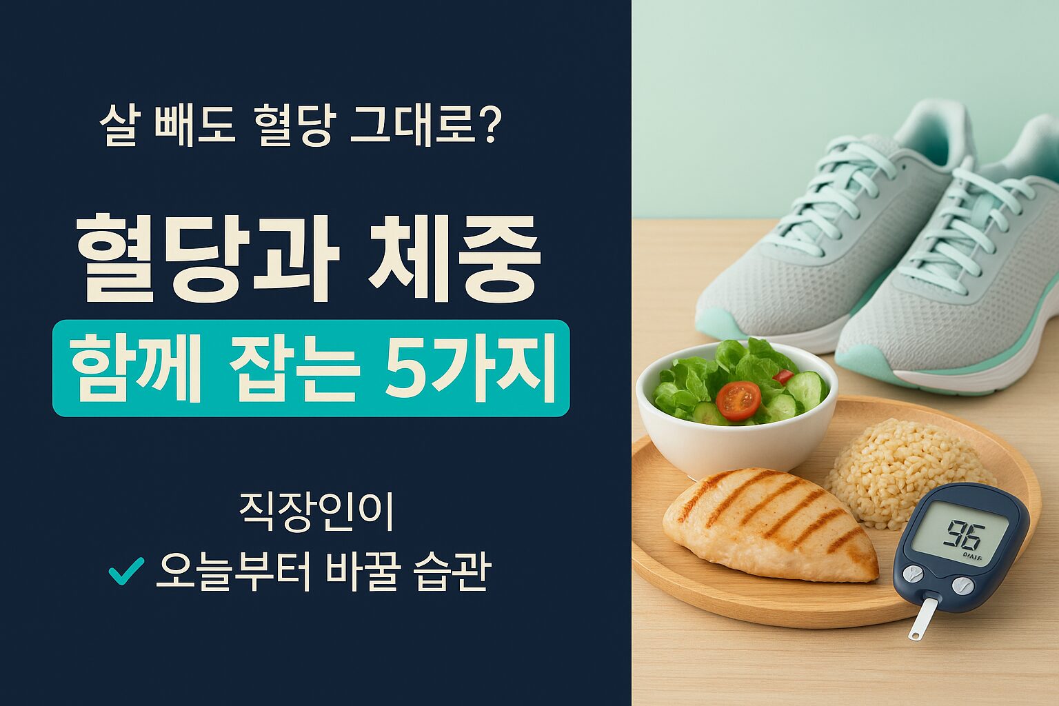 샐러드와 단백질, 현미밥 위에 놓인 혈당측정기와 운동화가 함께 보이는 식탁 일러스트
