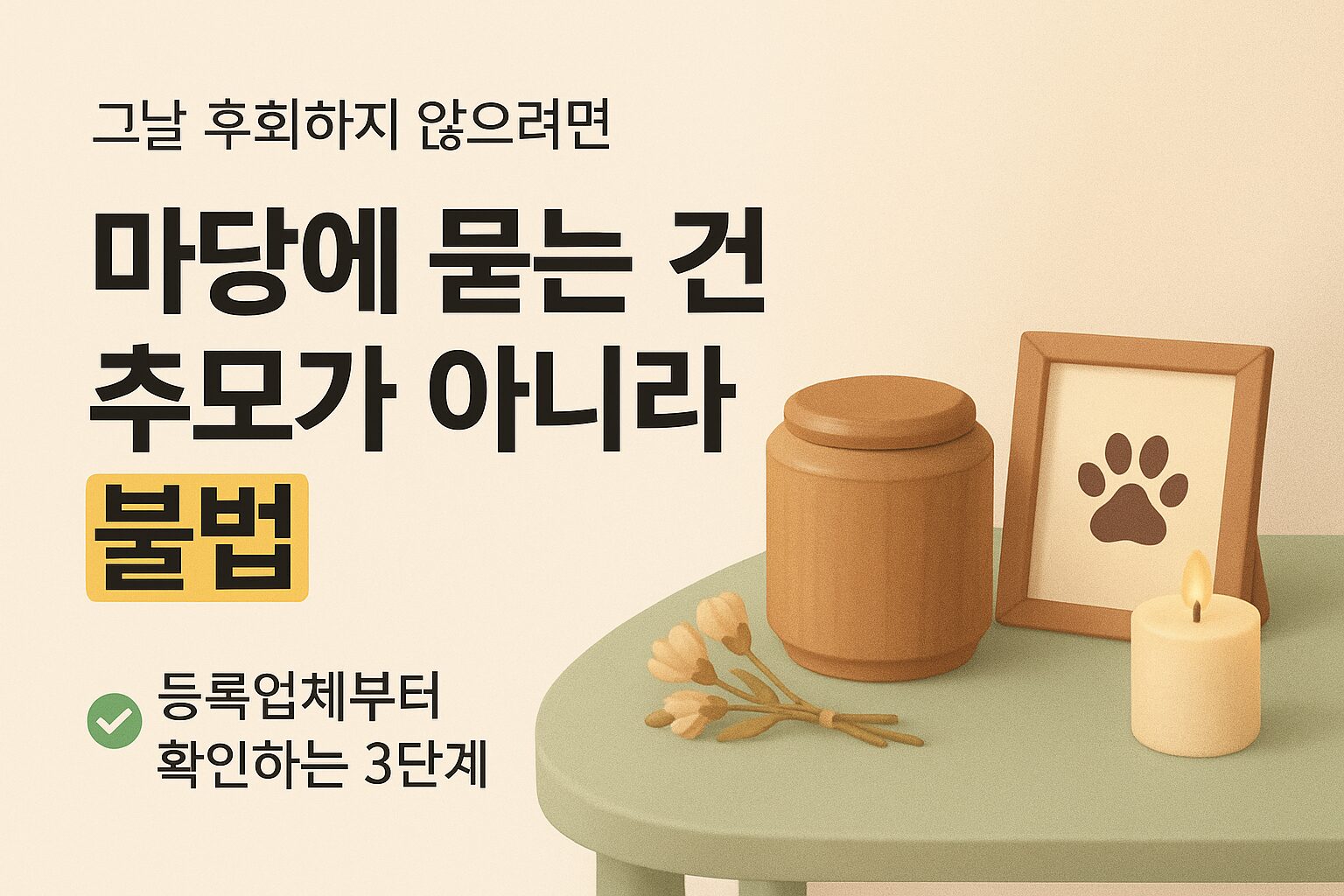 반려동물 추모를 위한 작은 유골함과 발자국 액자, 마른 꽃이 놓인 따뜻한 분위기의 테이블