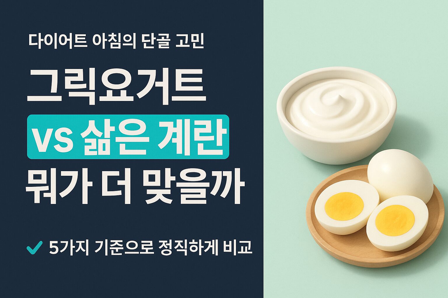 그릭요거트 한 컵과 삶은 계란 두 개가 아침 식탁 위에 나란히 놓인 모습
