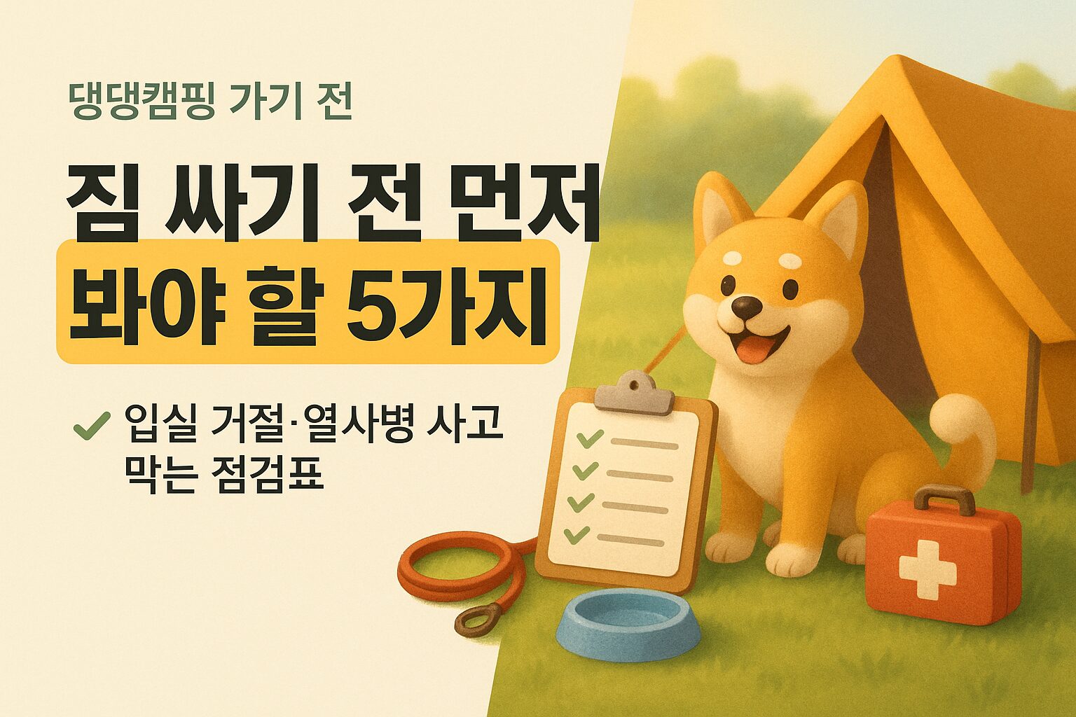 캠핑 텐트 옆에 앉은 강아지와 체크리스트, 리드줄, 물그릇이 정리된 일러스트