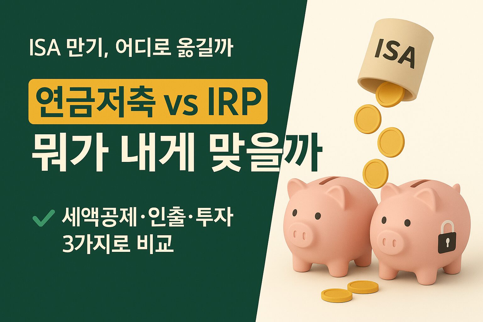 ISA 만기자금이 연금저축과 IRP 두 저금통으로 나뉘어 흘러 들어가는 일러스트