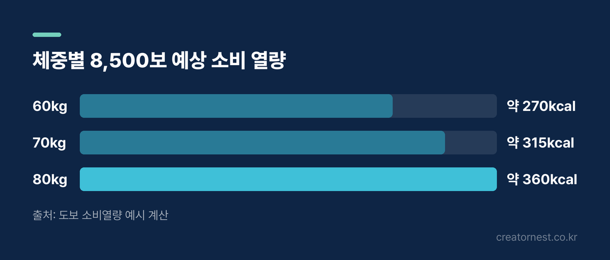 체중별 8,500보 예상 소비 열량. 60kg 약 270kcal, 70kg 약 315kcal, 80kg 약 360kcal.